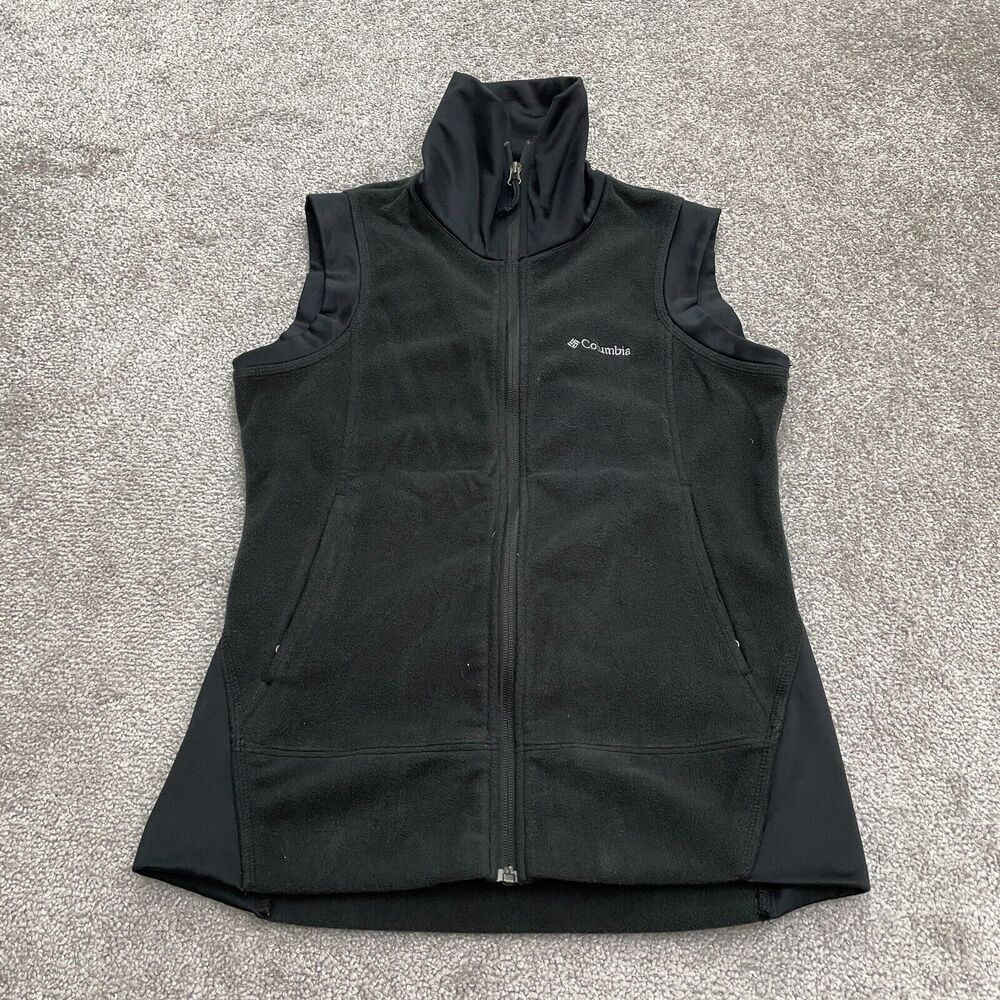 Columbia Fleece Vest Womens Small Black Full Zip Turtleneck Pockets Outdoor Hike